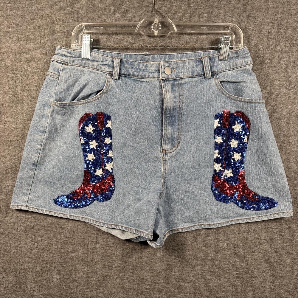 Fantastic Fawn Shorts Womens Large Blue Denim Mom Sequin USA Cowboy Boots Y2K